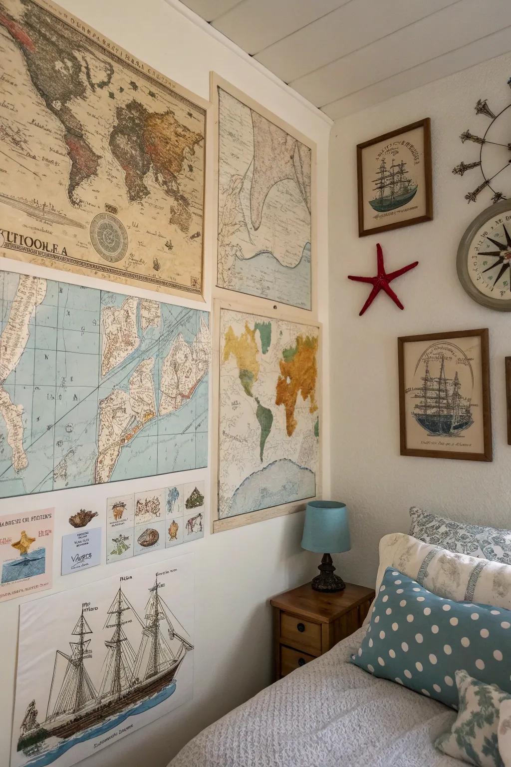 Nautical charts and maritime art transport the oceanic world to your bedroom walls.