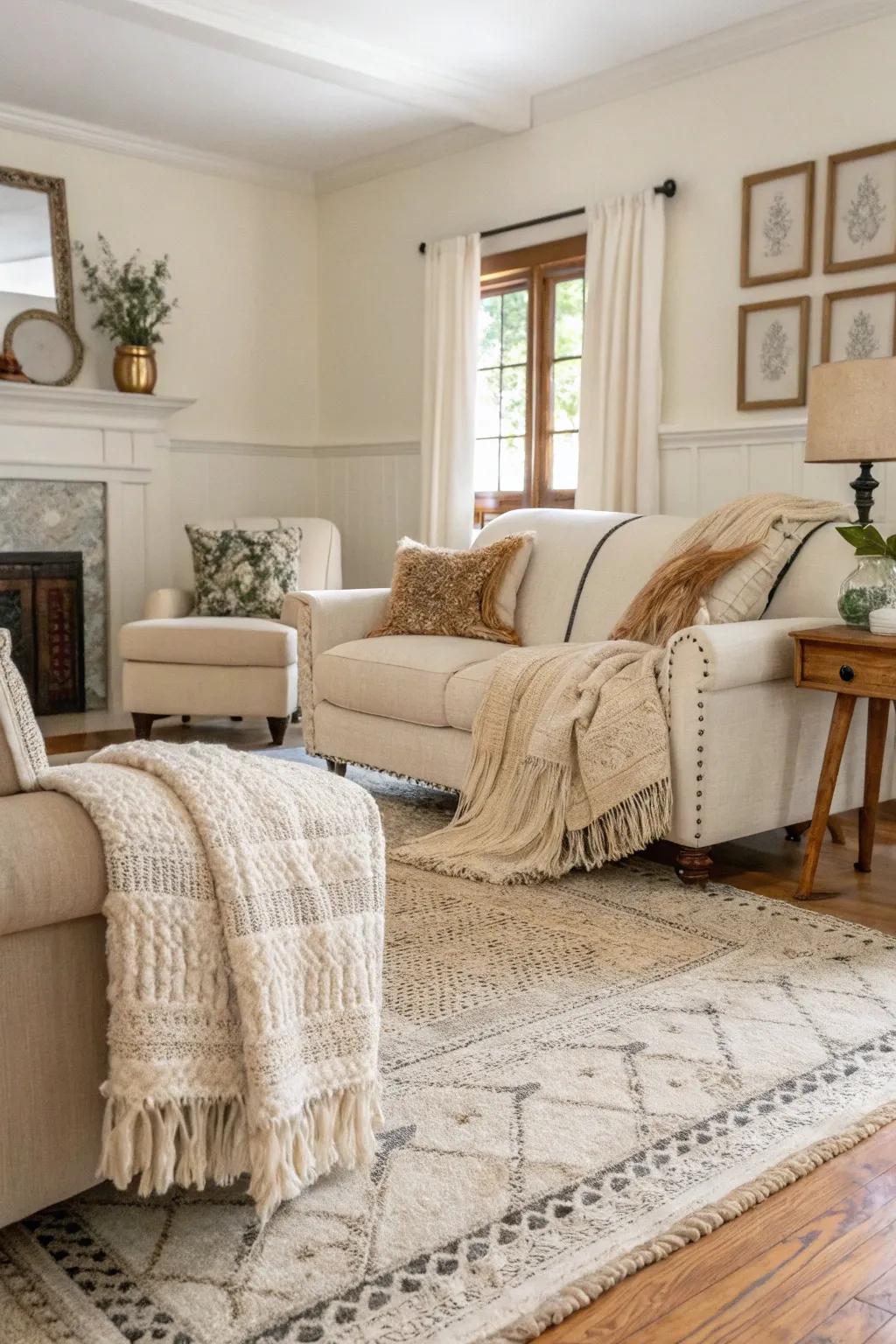Textured layers transform an off-white living space into a comfortable haven.