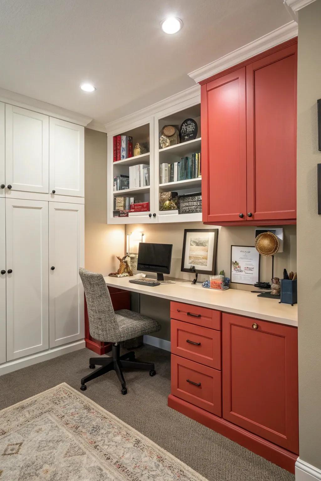 Cabinet fronts with contrasting colors add a burst of energy to your office.