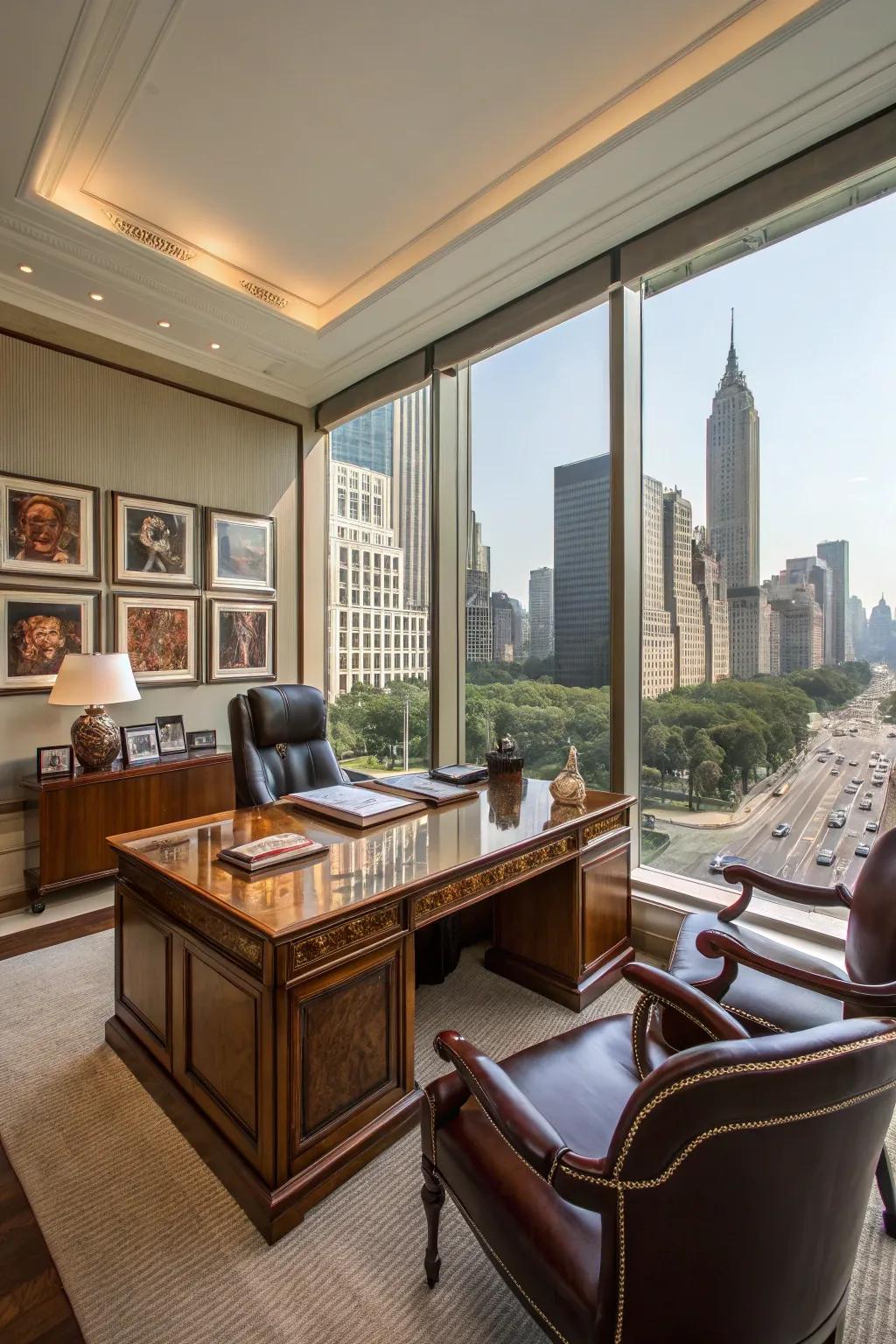 A private executive office boasting luxury and cityscape views.