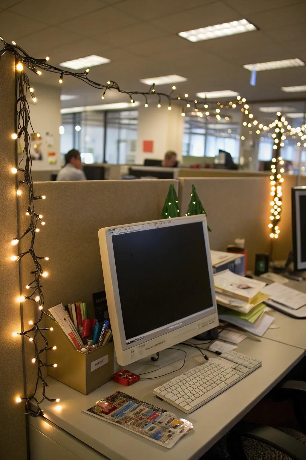 Dazzling twinkle lights transform your desk into a holiday centerpiece.