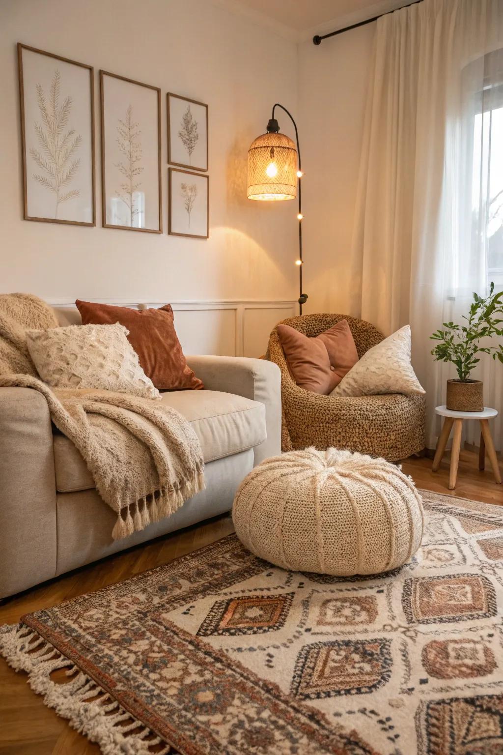 Neutral shades foster a soothing and inviting setting.