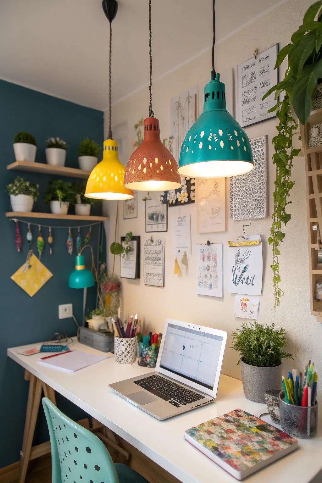 Use vibrant pendant lights to introduce creative splashes to your office.