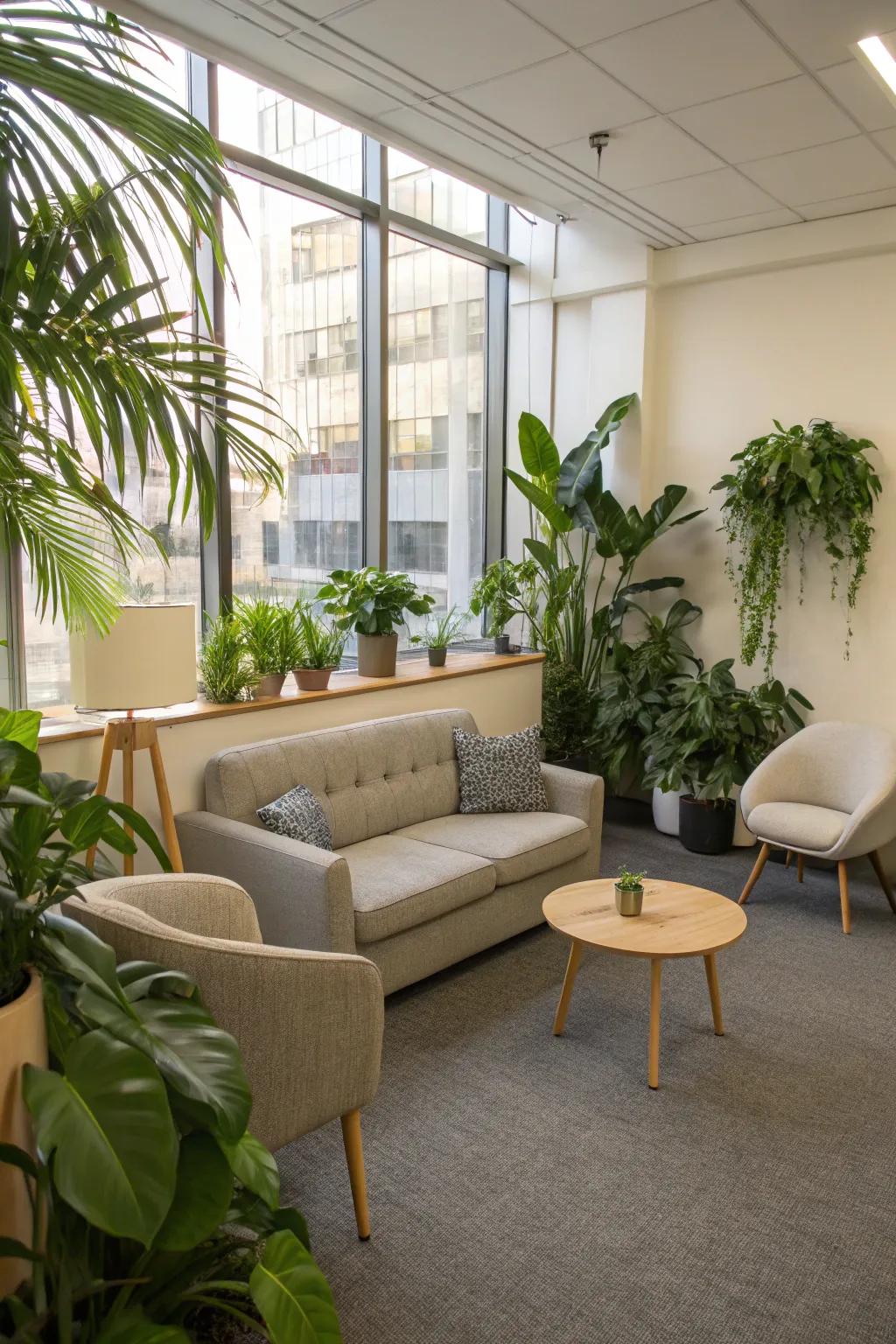 A lush green spot within the office, promoting calmness and fresh air.