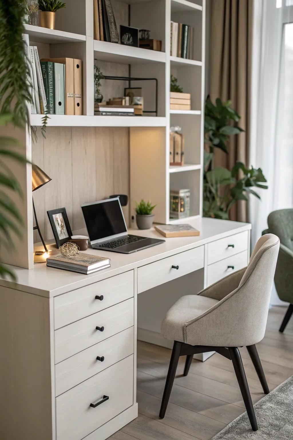 A versatile workstation providing both a work area and storage options.