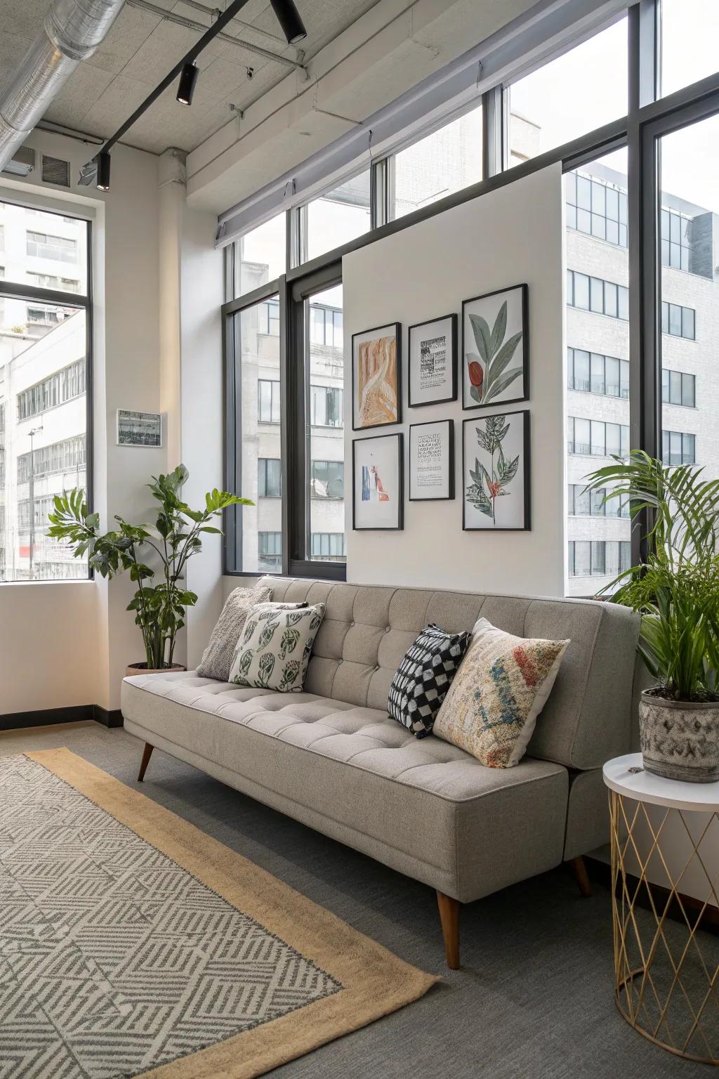 A chic and stylish convertible couch enhances the office's elegance.