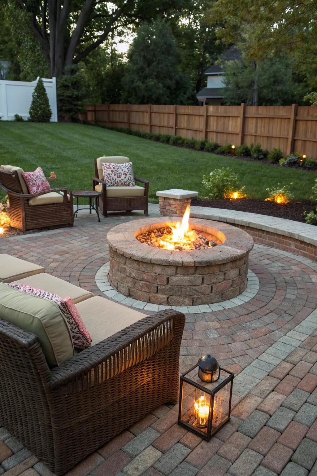 An inviting bonfire site transforms this brick patio into an evening sanctuary