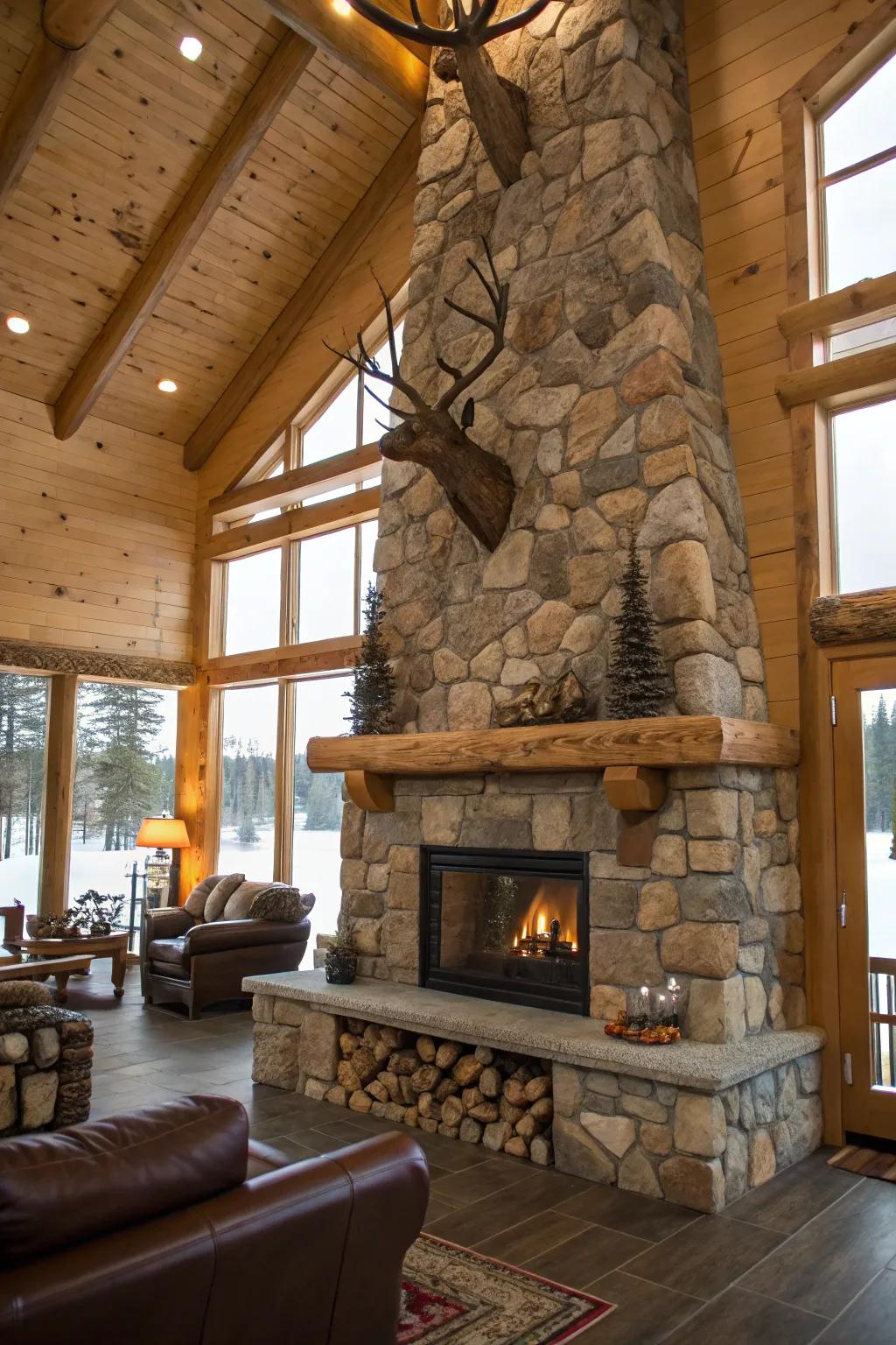 The focal point of this rustic hunting lodge is a grand rock fireplace.