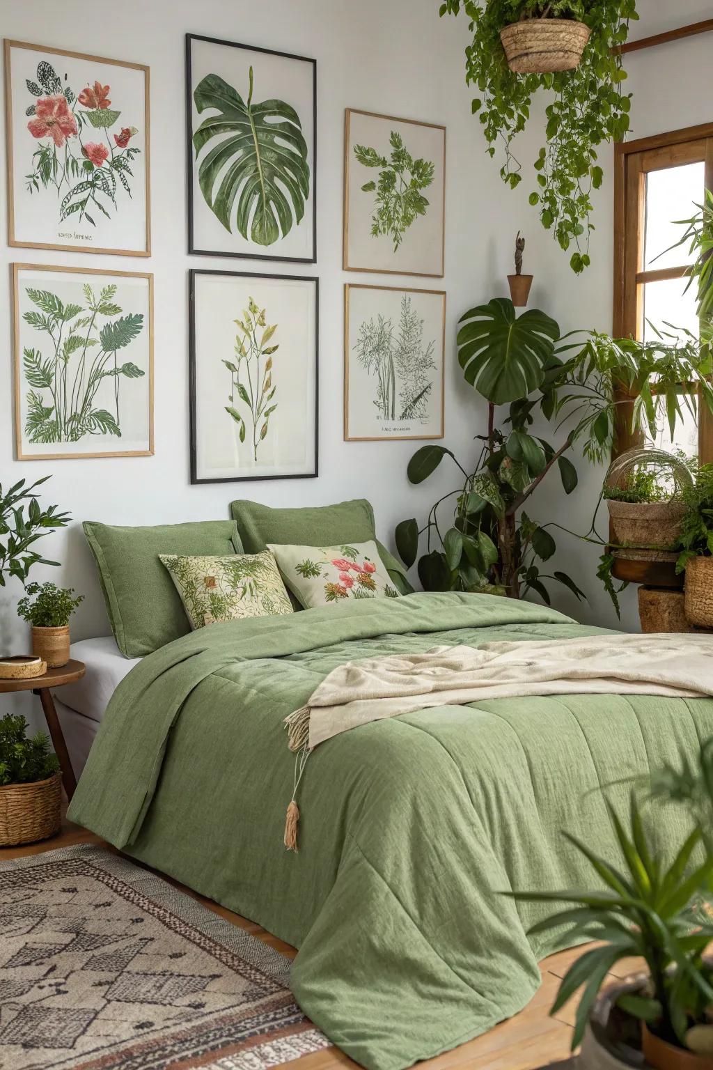 Botanical accents accentuate the natural undertones inherent in deep moss green bedding.