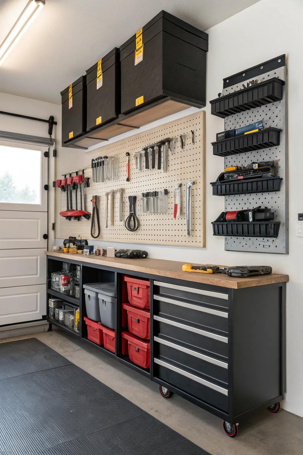 Wall-mounted shelving helps keep your garage organized and efficient.