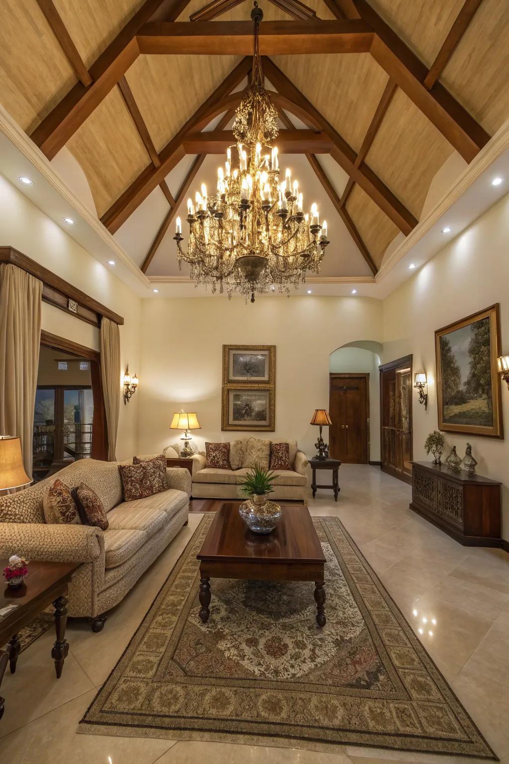 A living area showcasing a spectacular vaulted ceiling and an exquisite chandelier.