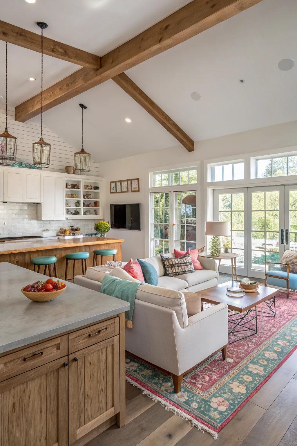 A consistent color scheme enhances harmony and continuity in an open-concept setting.