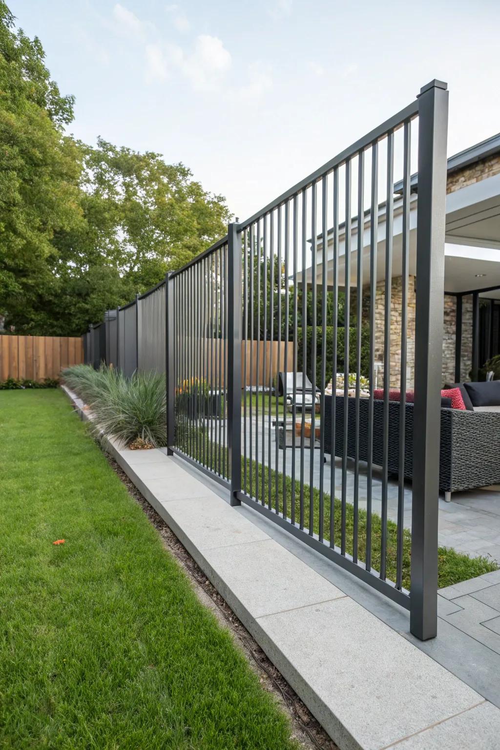 Elegant vertical metal strips create a modern and breezy fence design.