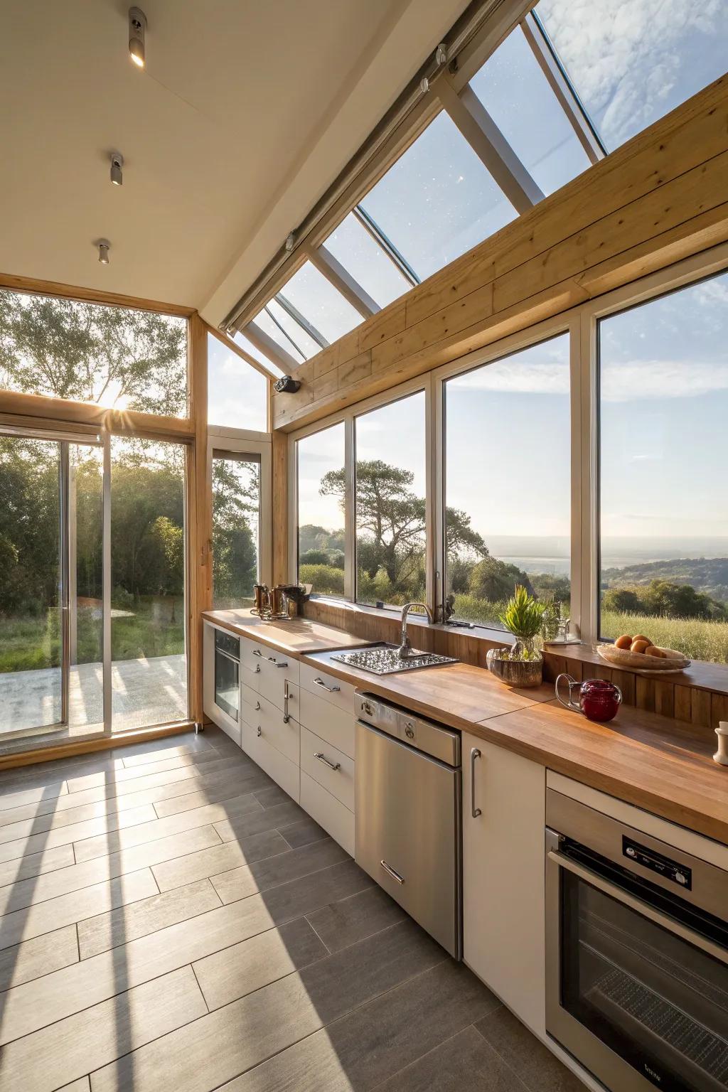 Sunlight pours into an open kitchen through large windows.