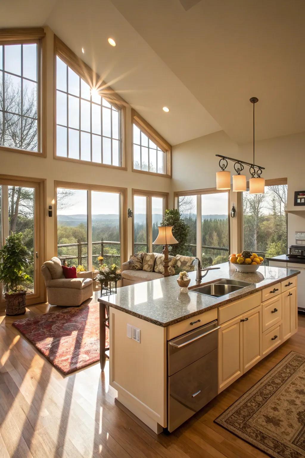 Bask in the radiance of a naturally lit open kitchen and lounge.