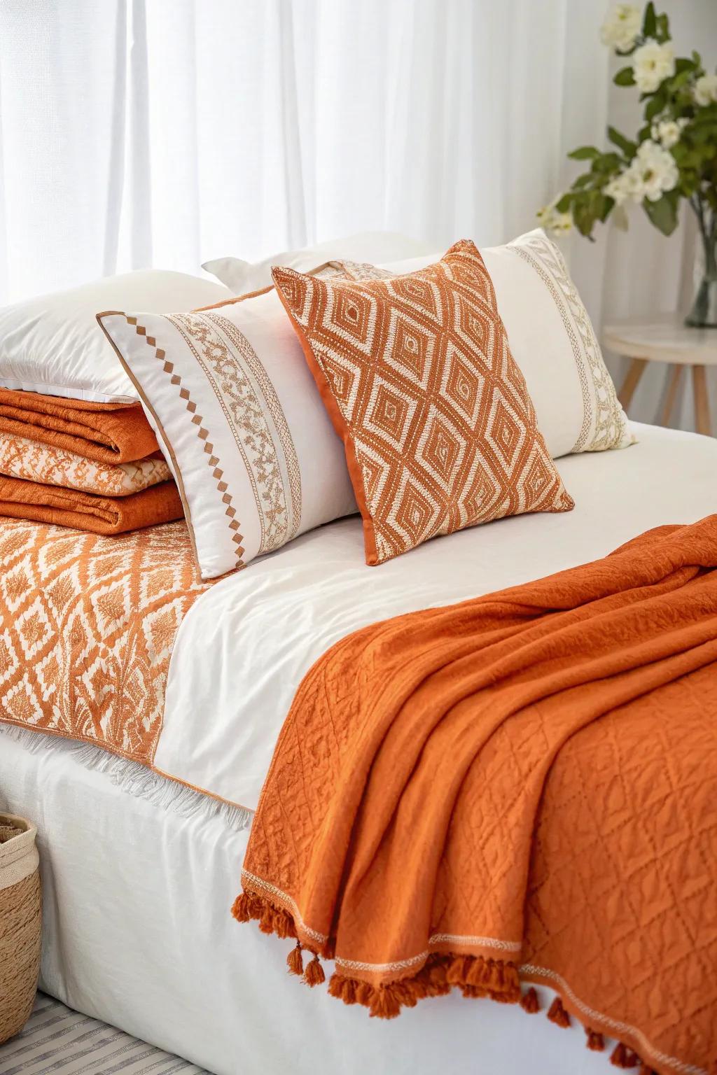 Layered orange fabrics add depth and comfort to the area.