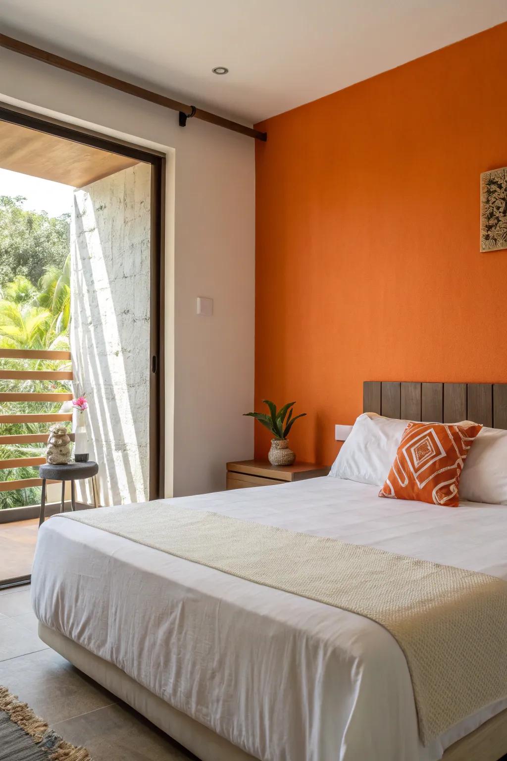 A bold orange feature wall introduces a splash of color, maintaining balance in the area.