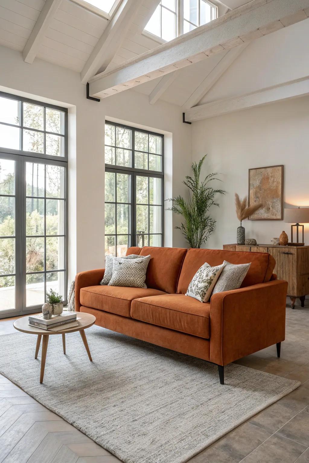A deep orange sofa stands out, providing coziness and elegance to the family room.