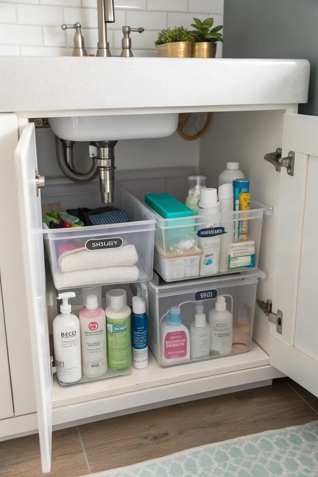 Clear storage boxes make it simple to quickly locate what you need.