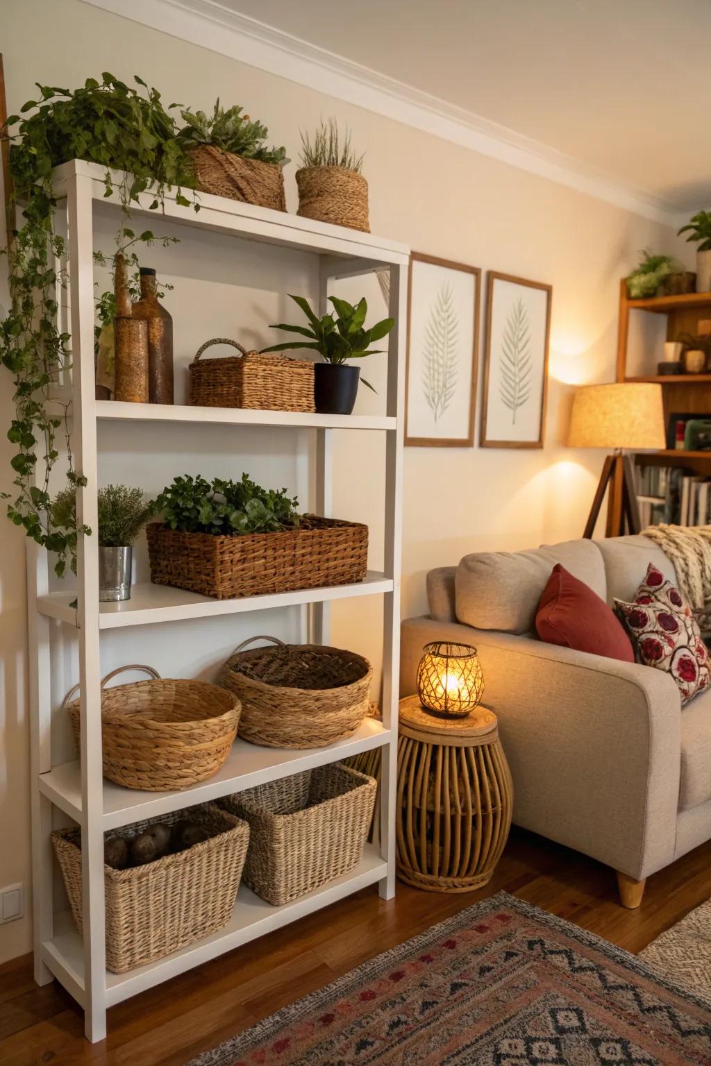 Baskets provide elegant storage solutions for keeping shelves organized