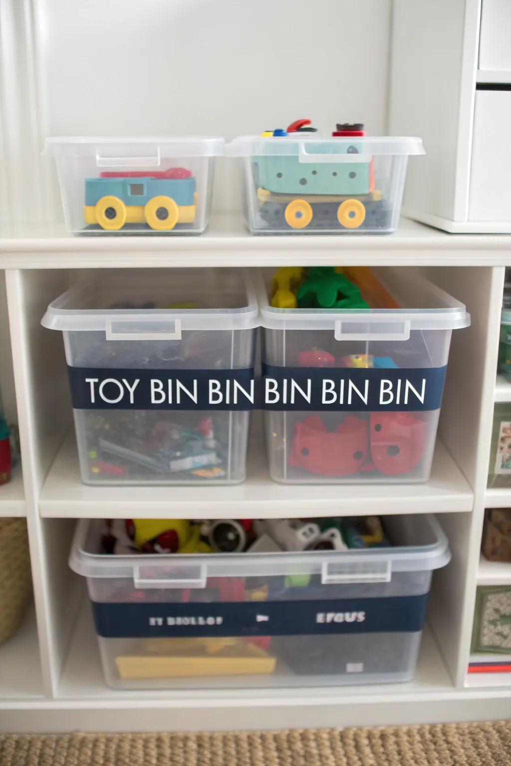 Toy organization is made simple with clear containers.