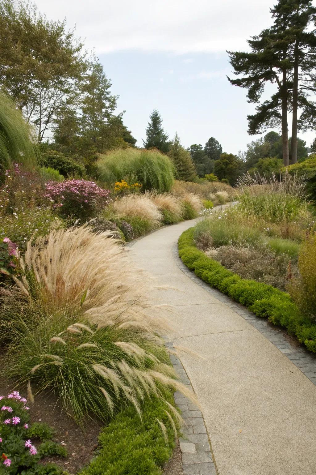 Ornamental grasses softly define pathways, guiding you through the garden.