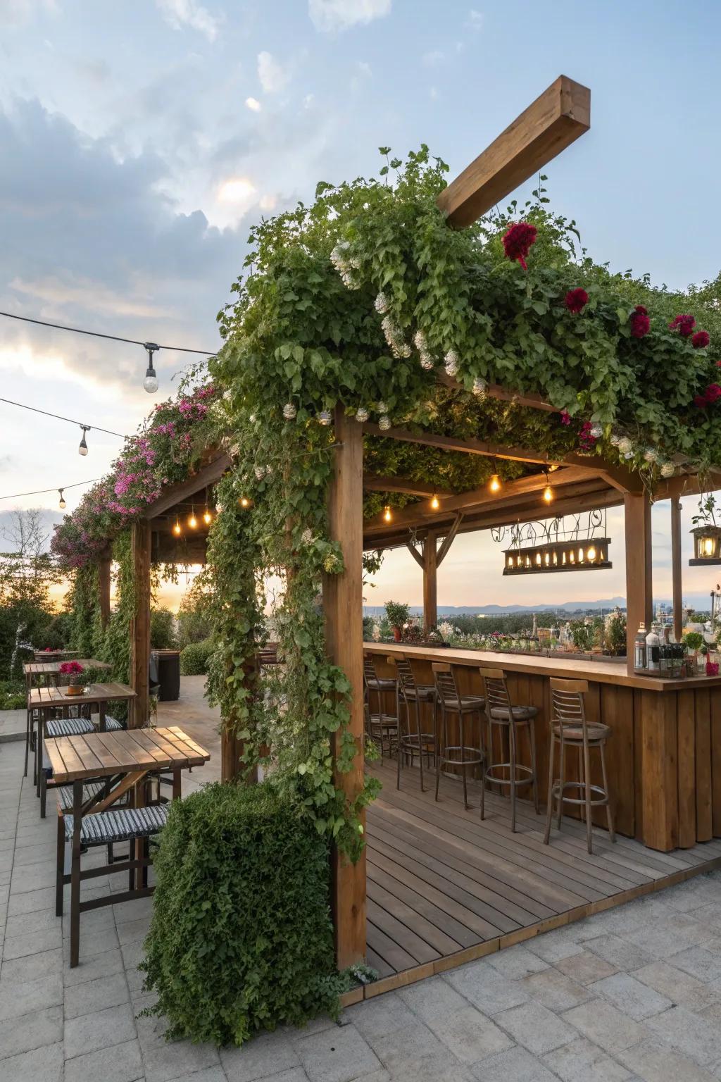 An arbor-covered bar provides stylish shelter.