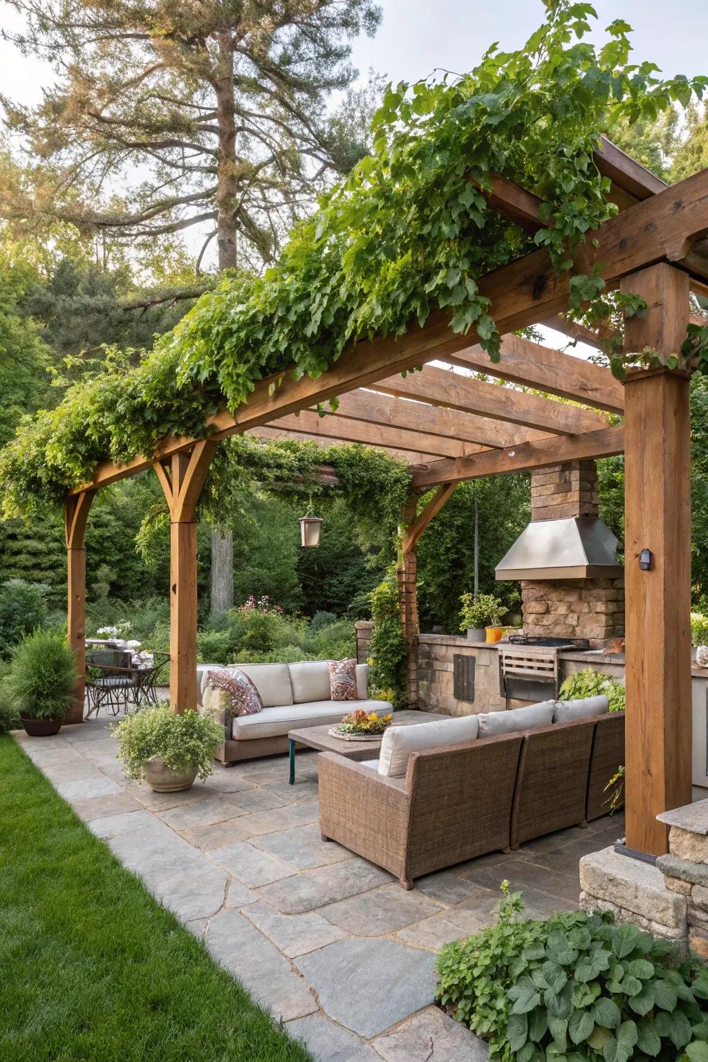 A covered framework provides stylish shelter for your BBQ area.