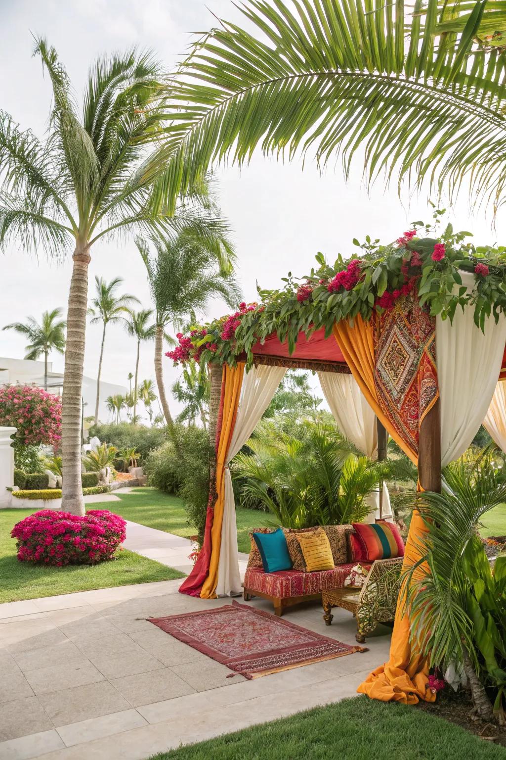 A vibrant and cozy canopy setup brings the tropics to your backyard.