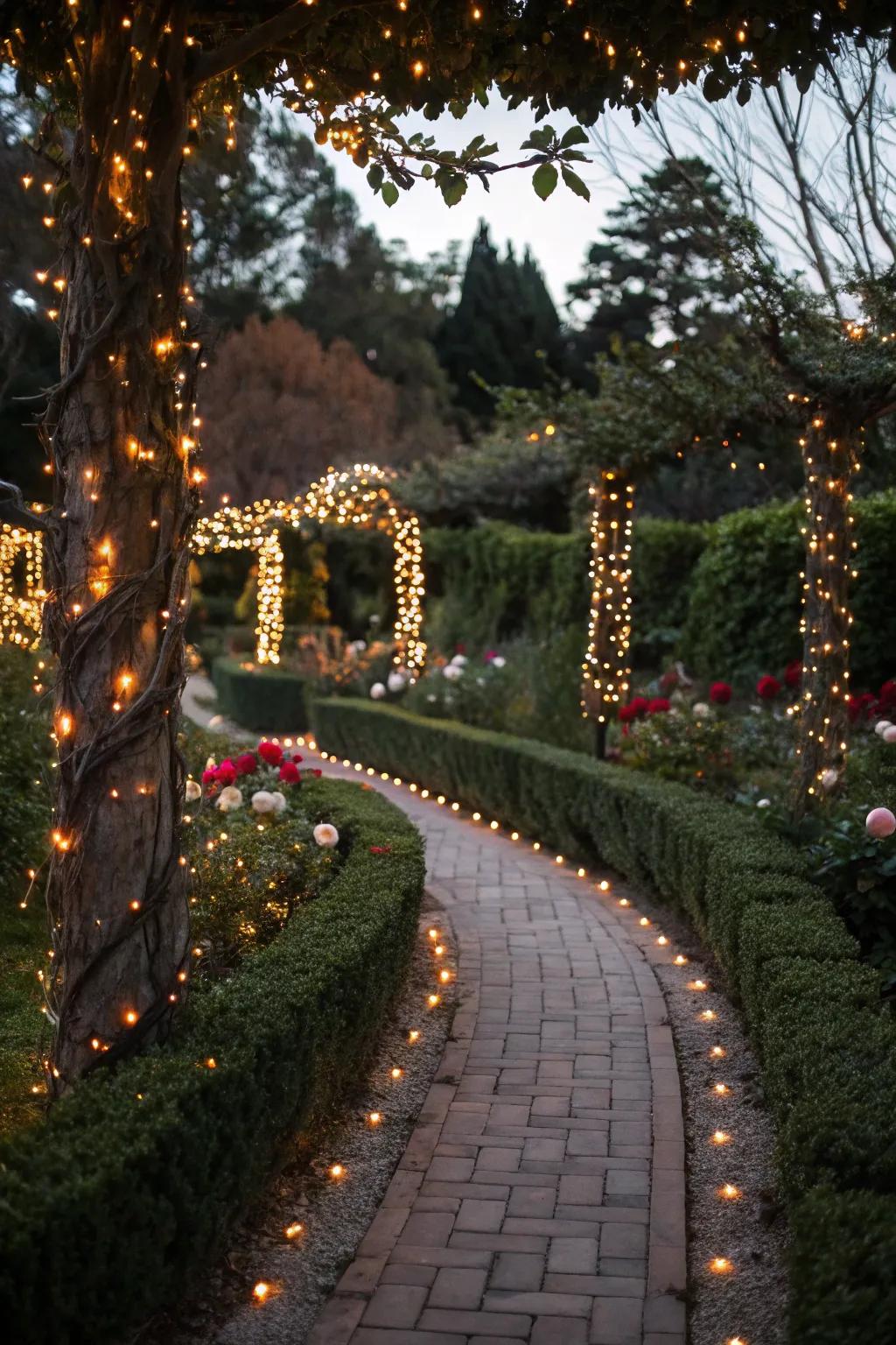 Produce an enchanting arrival sequence with gleaming pathway lights.