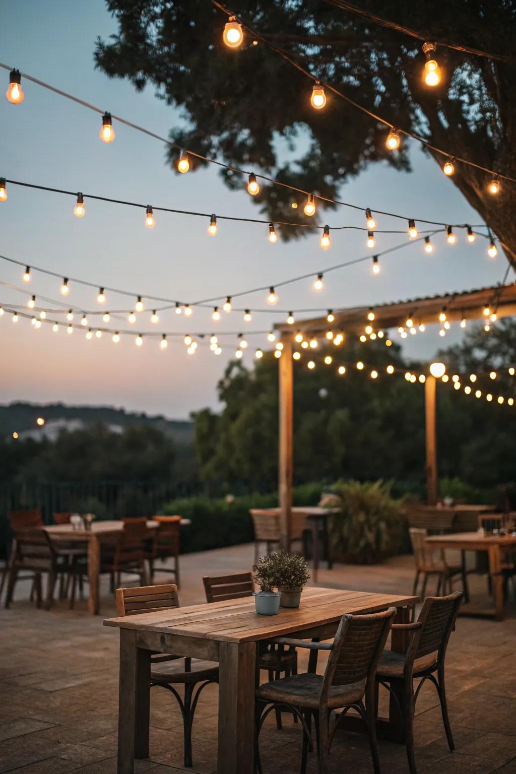 A captivating outdoor dining space aglow with delicate lights.