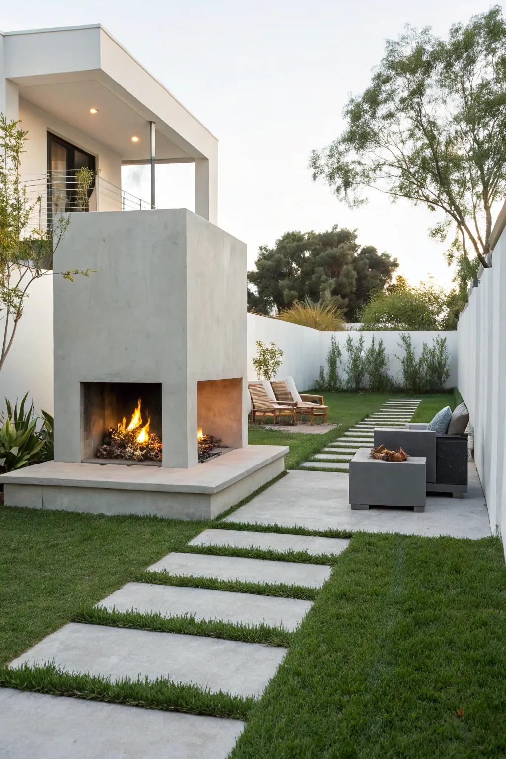 Welcome simplicity with a contemporary, minimalist outdoor fireplace.