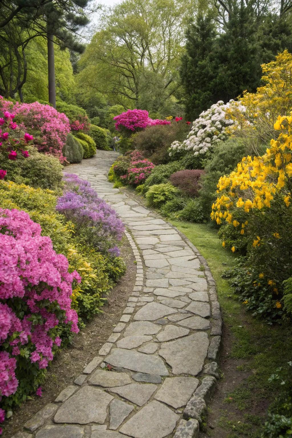 A lovely stone pathway leading through the vibrant garden.