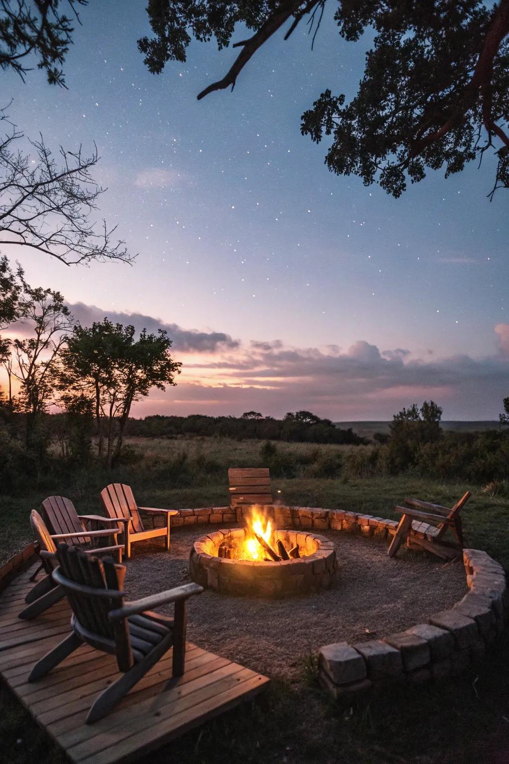 A fire pit sets a captivating ambiance for evening gatherings with loved ones.