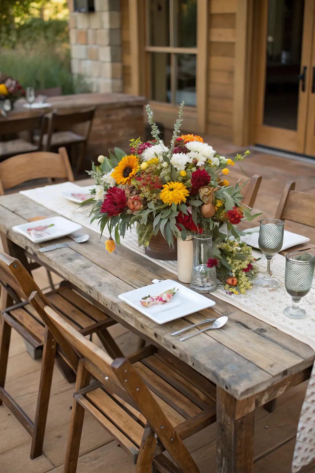 Rustic tables and seasonal flower centerpieces add charm.