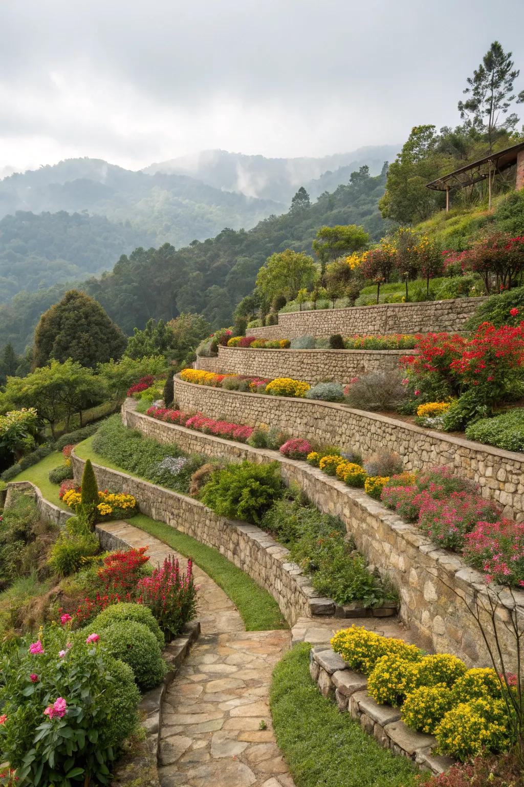 Terraced stone walls transform slopes into attractive garden highlights.