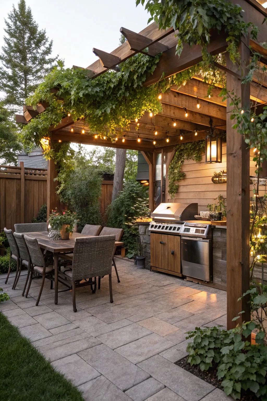 A pergola-covered grilling space that offers shade and style.
