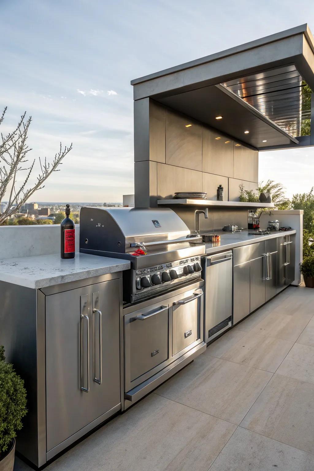 Stainless steel backsplashes add a crisp and contemporary element to any outdoor kitchen.