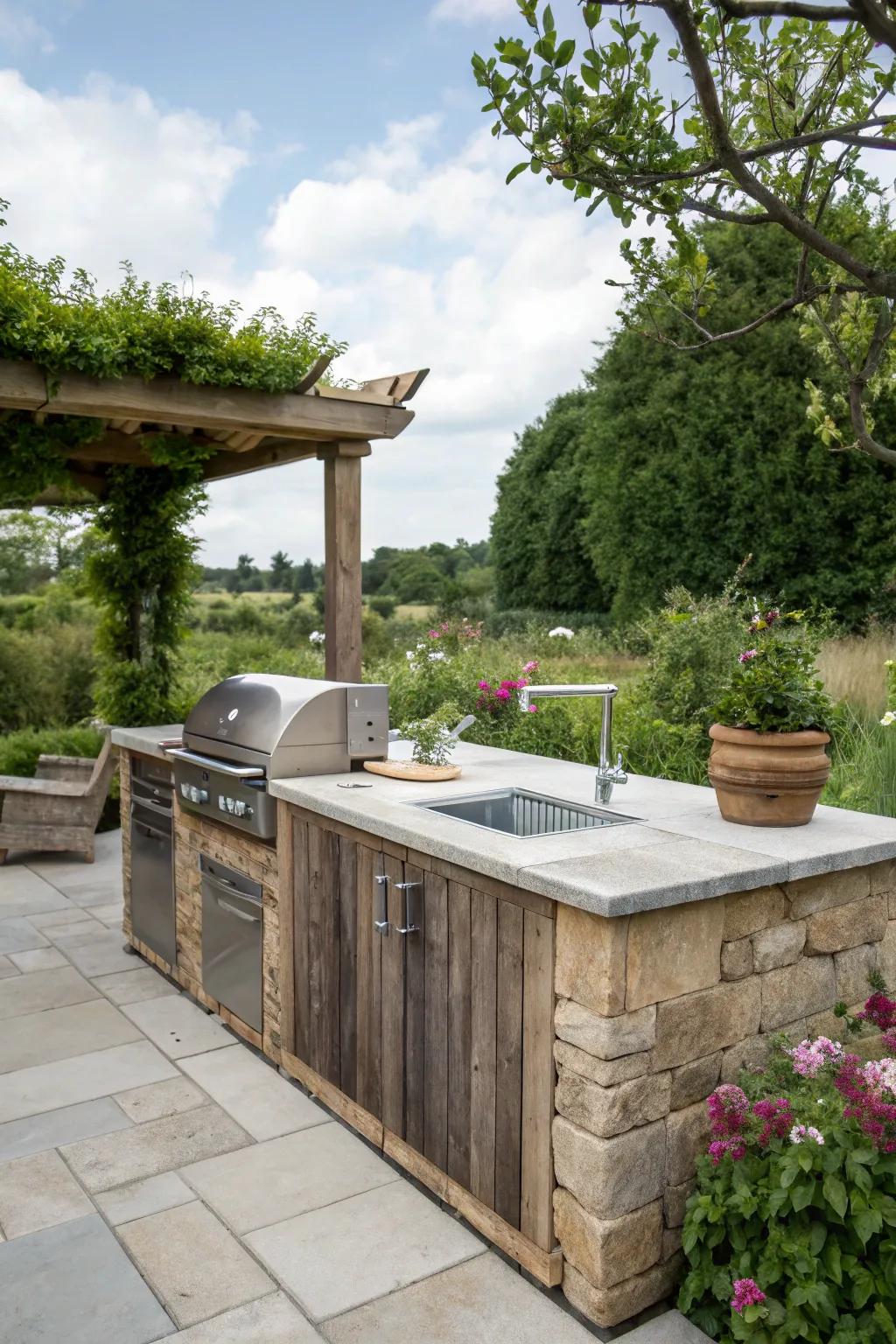 An outdoor cooking island featuring a built-in grill and sink, perfect for simple outdoor cooking.