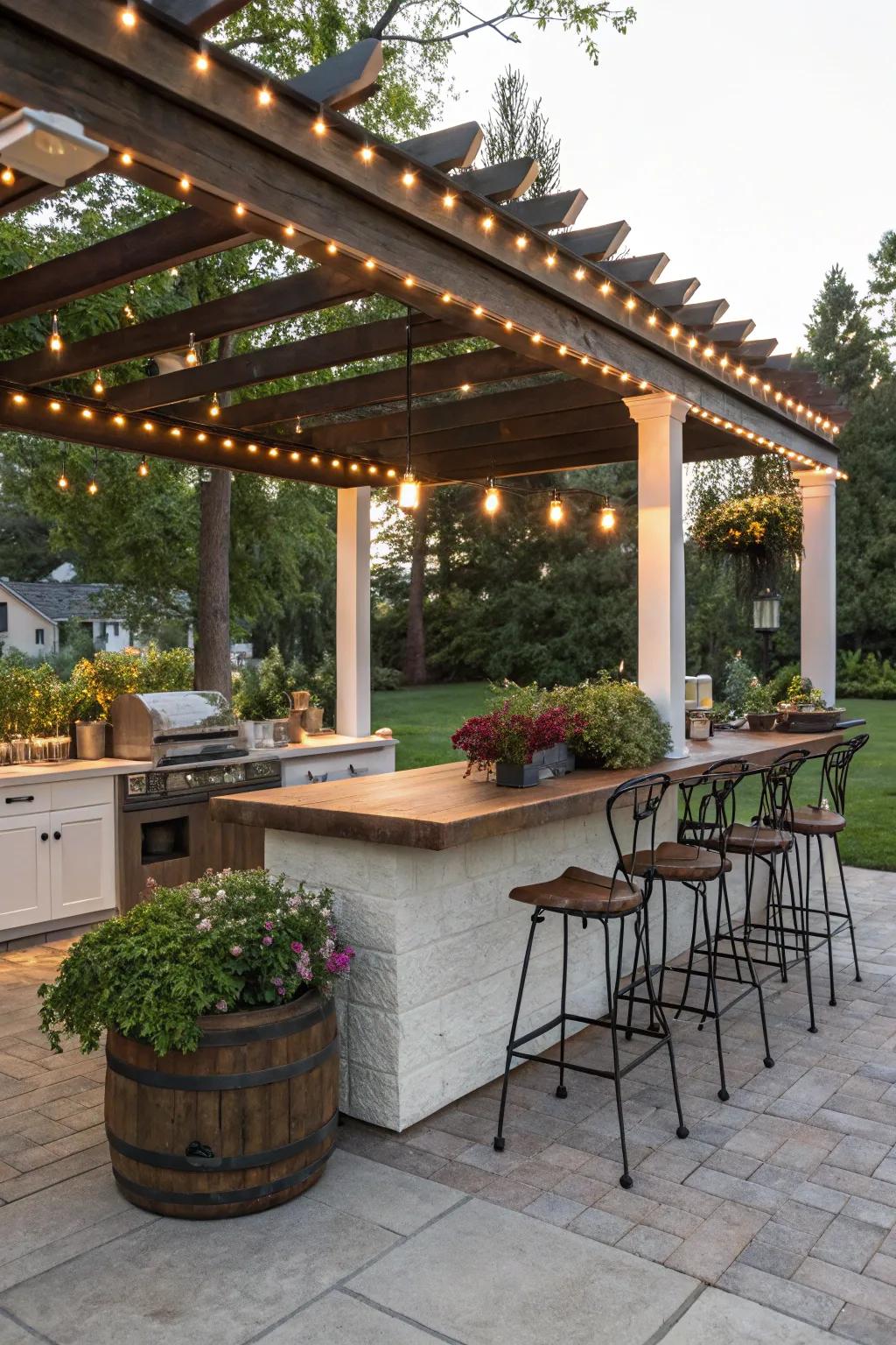 A delightful outdoor kitchen featuring a trellis and soft lighting.