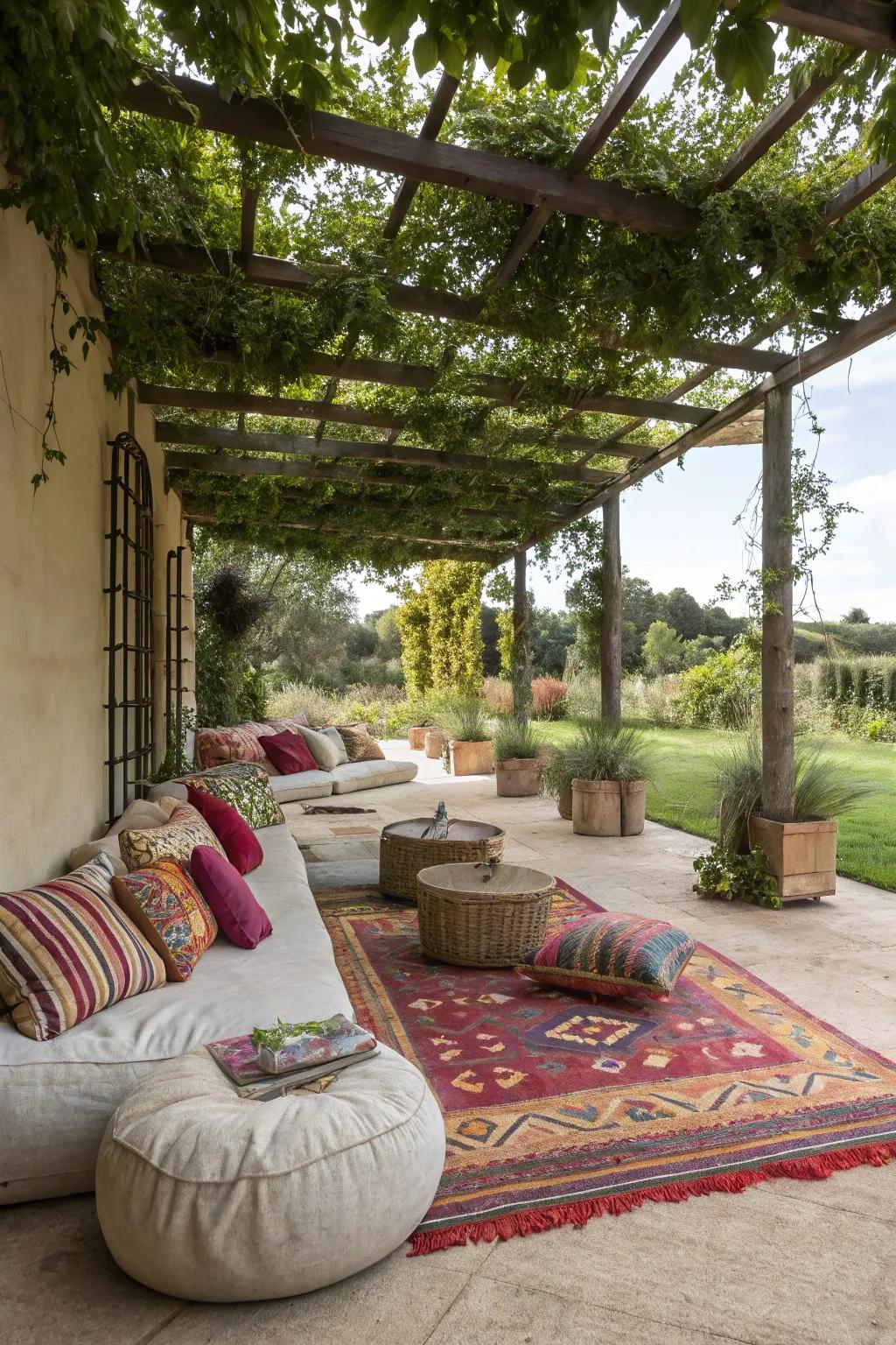 Create a cozy open-air living room with vibrant colors and comfortable seating.