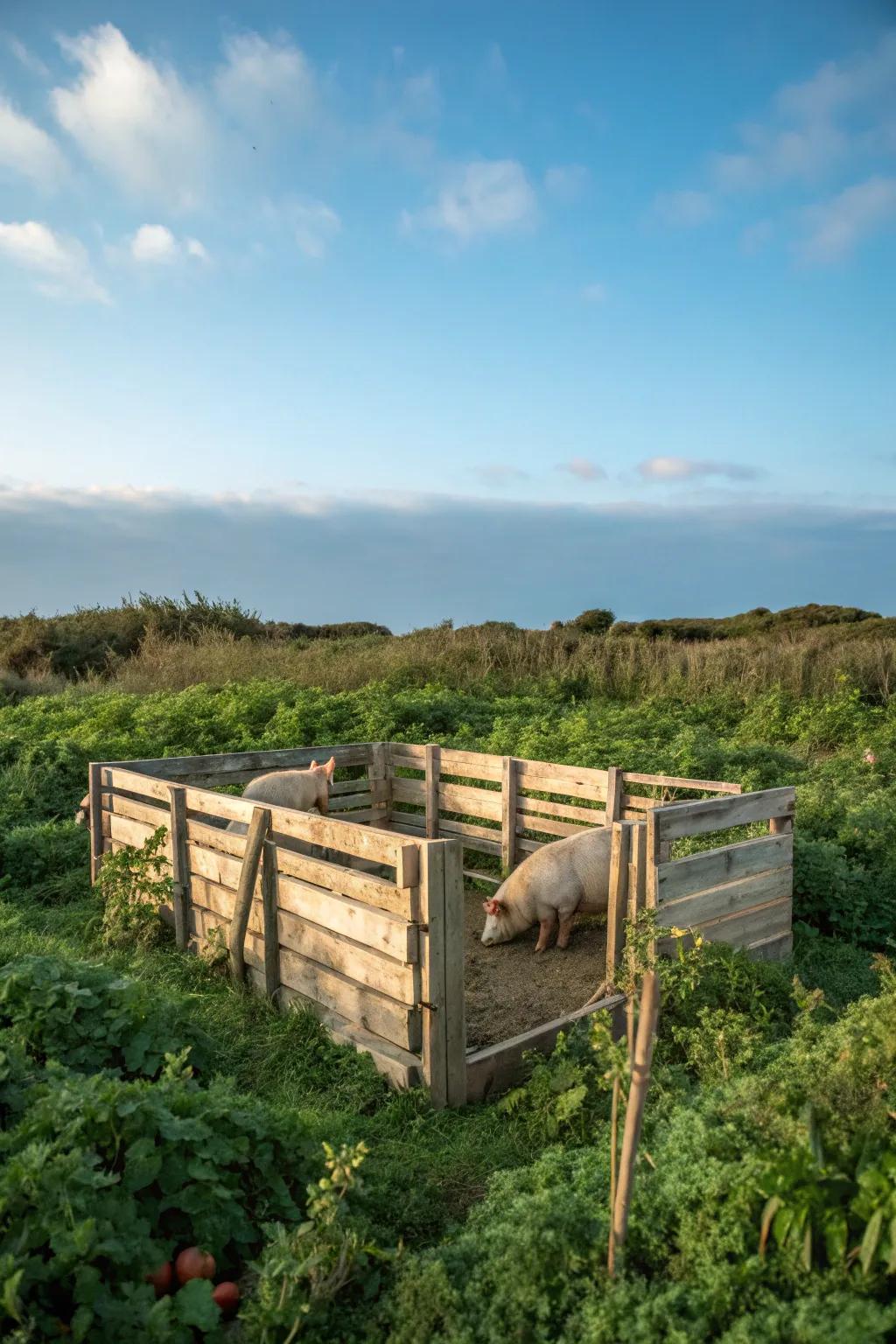 Environmentally conscious pig enclosure constructed from recycled shipping platforms.