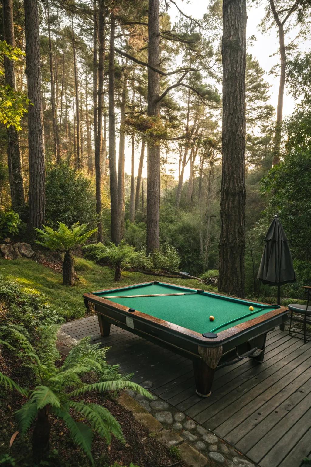 A pool table nestled in a backyard forest, creating a peaceful nature-inspired scene.