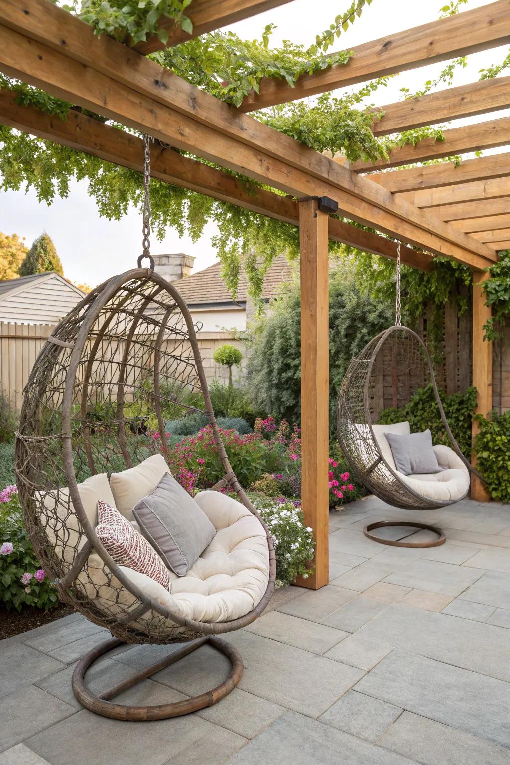 Suspended seats infuse charm and comfort into your outdoor haven.