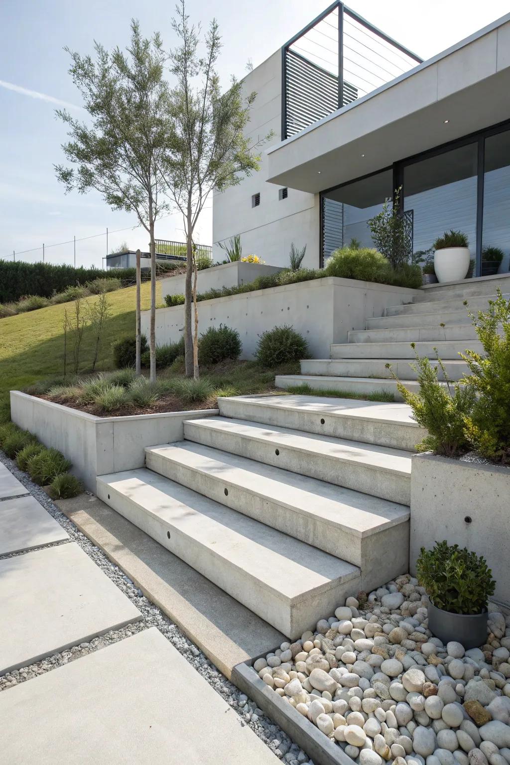 Elegant concrete steps provide a contemporary look in a minimalist garden arrangement.