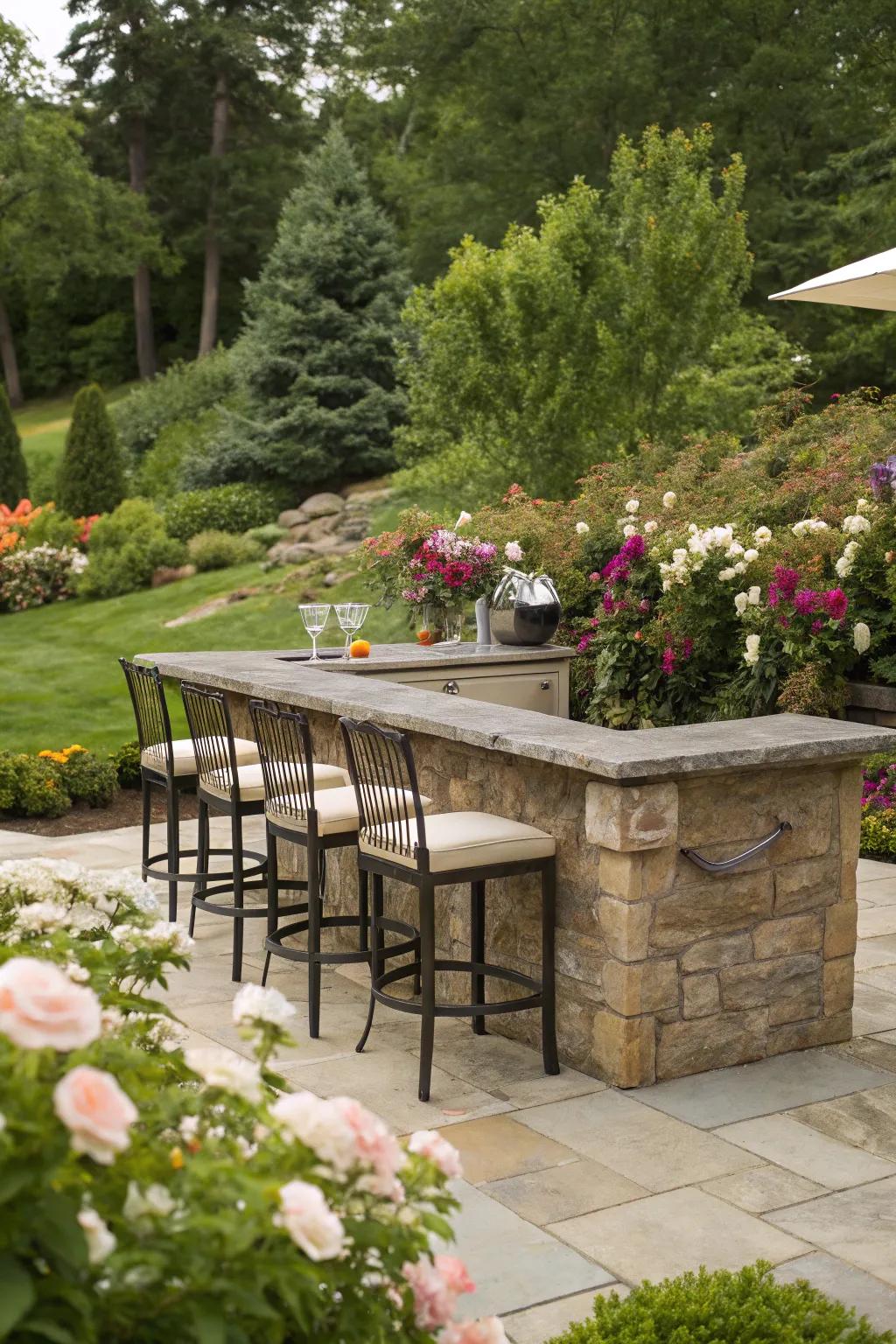 A serene stone bar situated in a vibrant garden.
