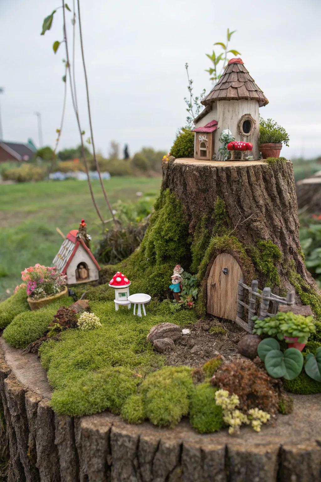A magical fairy garden transforms your tree stump into an enchanting retreat.