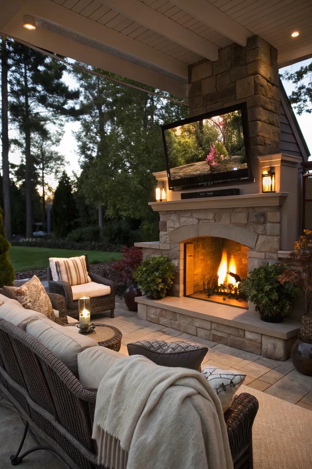 A TV positioned above the fire feature turns any evening into a relaxed outdoor getaway.
