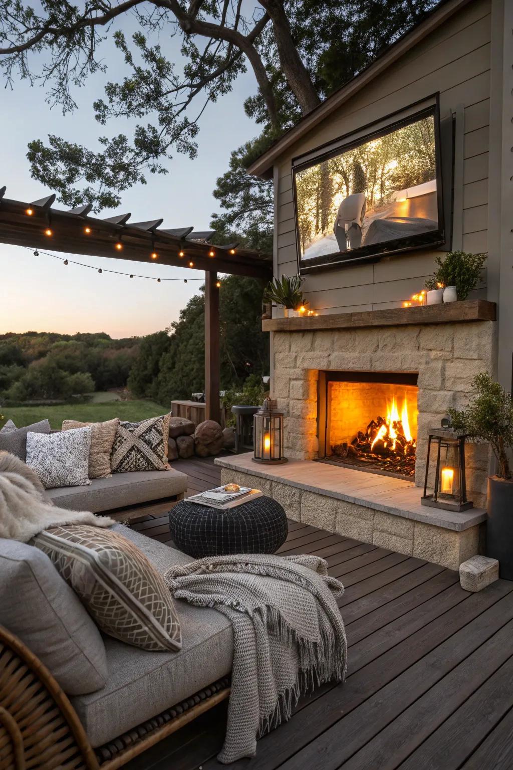 A hearth enhances warmth and creates a main feature in your outdoor TV space.