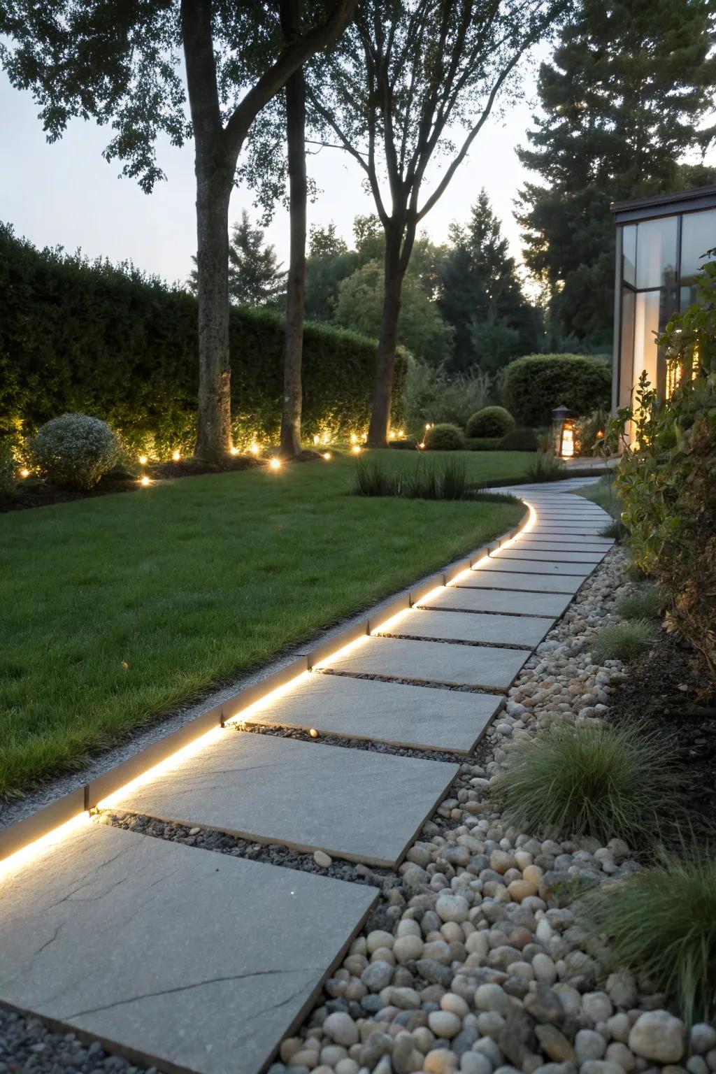 Sleek diode strips light up a modern path.